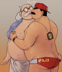 2boys adult adult_male apple_watch bald_spot bara beady_eyes black_hair bushy_hair chest_hair chubby chubby_male detective_conan english_text erect_nipples erect_penis erection erection_under_clothes fat fat_man floral_pattern floral_print gay gay_male glasses gray_hair hairy hand_on_butt hand_on_nipple happy_trail hat heart_symbol hiroshi_agasa kissing light-skinned_male loincloth male male/male male_focus male_on_male males_only married married_man megure_juuzou moustache navel no_background no_sex no_visible_genitalia old_man older_man open_clothes picsontop pinching_nipple police_badge policeman precum_through_clothing pulling_swimsuit red_hat scientist short_hair shounen_sunday speedo standing swimsuit thick_eyebrows tms_entertainment topless yaoi