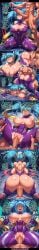 1boy 1girl ahegao ai_generated aqua_hair blue_eyes bodily_fluids bodysuit comic detailed_muscles doggystyle english_text from_behind full_color gloves glowing_eyes grabbing high_res huge_breasts igawa_asagi indoors large_ass long_hair missionary multi-panel muscular_male nipples peace_sign penetration penis purple_bodysuit purple_gloves rampa69 saliva sex sona_(league_of_legends) speech_bubble spreading sweat thick_thighs tongue_out torn_clothes twintails uncensored vaginal