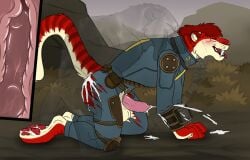 all_fours anal anal_orgasm anal_sex angel_(velvetvlade) anthro anthro_on_feral anthro_penetrated ass balls big_fangs bite blue_bodysuit blue_clothing blue_skinsuit blush bodily_fluids bodysuit closed_eyes clothed clothing cum cum_in_ass cum_inside cum_on_butt cum_on_ground cumshot duo ejaculation erection fallout fangs felid feral feral_penetrating feral_penetrating_anthro fur genital_fluids genitals hair hands-free hi_res invisible killthe_demon knotting looking_pleasured male male/male male_penetrated male_penetrating male_penetrating_male mammal microsoft night_stalker_(fallout) open_mouth orgasm penetration penile penile_penetration penile_spines penis penis_in_ass pink_penis plant red_body red_fur red_hair red_tongue samantha_(nava) sex short_hair shoulder_bite shrub side_view skinsuit teeth tight_clothing tongue torn_bodysuit translucent translucent_body yellow_balls yellow_body yellow_fur zoophilia