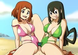1boy 2girls beach big_breasts bikini breasts brown_hair erection erection_under_clothes female green_hair grinding grinding_on_penis grinding_through_clothes izuku_midoriya looking_at_viewer male male_pov my_hero_academia ochako_uraraka outdoors penis planz34 png pov swimsuit textless thick_thighs tsuyu_asui wide_hips