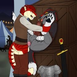 anal anal_sex angel_(velvetvlade) animal_genitalia animal_penis anthro anthro_on_feral anthro_penetrating anthro_penetrating_feral armor balls big_fangs black_boots black_clothing black_footwear blue_eyes boots bottomwear bottomwear_down brown_bottomwear brown_clothing brown_pants brown_topwear canid canine canine_genitalia canine_penis clothed clothed_feral clothing duo fangs felid feral feral_penetrated footwear fur genitals green_eyes grey_balls grey_body grey_fur hair hi_res kage_(faolanwolfsavor) killthe_demon male male/male male_penetrated male_penetrating male_penetrating_male mammal markings melee_weapon narrowed_eyes open_mouth pants pants_down partially_clothed penetration penile penile_penetration penis penis_in_ass pink_penis red_body red_fur red_hair red_penis red_tongue sex shoes standing standing_sex striped_markings striped_neck striped_tail stripes sword tail tail_markings teeth tongue tongue_out topwear weapon white_clothing white_topwear yellow_balls yellow_body yellow_fur zoophilia