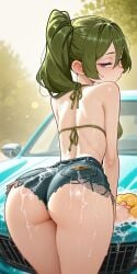 ai_generated arched_back ass ass_focus bent_over bikini_top bored breasts car car_wash denim_shorts female firm_ass green_hair hair_between_eyes looking_back outdoors perfect_body purple_eyes sexy side_ponytail skinny small_breasts soap solo sousou_no_frieren sponge standing suggestive ubel_(sousou_no_frieren) viewed_from_behind washing wet