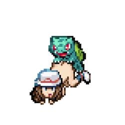 1boy 1girls all_fours alpha_channel ambiguous_penetration animated ass ass_grab ass_up back blue_eyes brown_hair bulbasaur claws dinosaur doggy_style feet female from_behind green_skin hands_on_ass hat human interspecies leaf_(pokemon) male nintendo nude open_mouth pixel_art plant pokémon_(species) pokemon pokemon_frlg pokemon_rgby pokephilia presenting presenting_penis red_eyes scalie sex shoes size_difference socks standing straight transparent_background ulithium_dragon