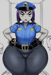 ai_generated dc grey_impact_(style) lubbasdump officer police police_uniform policewoman raven_(dc) slacks teen_titans wide_hips