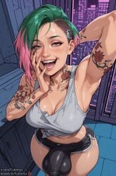 1futa abs ai_generated armpits boosty boosty_username bulge cyberpunk cyberpunk_2077 dickgirl futanari futornyx green_hair huge_balls judy_alvarez large_testicles medium_breasts multicolored_hair pink_hair solo tattoo tattoos testicles thick_thighs twitter_username wide_hips