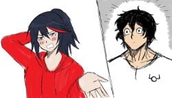 1boy 1boy1girl 1girl1boy 1girls asian asian_female background black_eyes black_hair blue_eyes blush blushing_female couple couple_(romantic) couple_love crossover crossover_pairing crossover_ship crossover_shipping female female/male kengan_ashura kill_la_kill light-skinned_female light-skinned_male light_skin long_hair male male/female matoi_ryuuko muscular muscular_male neuron_activation neuron_activation_(meme) open_eyes ponytail red_highlights red_sweater ryukohma short_hair studio_trigger surprised_face teenage_girl teenager tokita_ohma tomboy white_background white_shirt wholesome