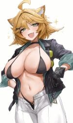 1girls :d arrogant bikini dokibird dokibird_(vtuber) hands_in_pockets hands_on_hips happy huge_breasts indie_virtual_youtuber open_clothes open_jacket solo sparkles virtual_youtuber white_jeans