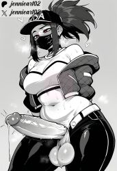 1futa 1futanari ai_generated akali akali_jhomen_tethi arms_behind_back bare_shoulders baseball_cap belt blush breasts choker cleavage clothing crop_top cropped_jacket earrings erection female futanari hat heart-shaped_pupils huge_cock intersex intersex_only jacket jennieart02 jewelry k/da_(league_of_legends) k/da_akali k/da_series large_breasts large_penis large_testicles league_of_legends long_hair mask midriff mouth_mask navel off_shoulder open_clothes open_jacket open_pants pants patreon patreon_logo patreon_username penis ponytail precum precum_drip red_eyes riot_games solo standing stomach surgical_mask sweat symbol-shaped_pupils testicles thick_thighs twitter twitter_username veins veiny_penis very_sweaty watermark