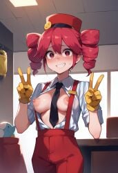 1girls ai_generated areolae blouse blush breasts exhibitionism exposed_breasts exposed_torso female female_focus female_only flashing flashing_breasts gloves hat kasane_teto kasane_teto_(sv) medium_breasts mesmerizer_(vocaloid) mesmerizer_teto necktie necktie_between_breasts nervous nervous_smile nipples open_blouse open_shirt pants peace_sign perky_breasts red_eyes red_hair shirt solo solo_female suspenders sweat sweating synthesizer_v twin_drills utau