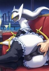 1boy anal_fingering anus arceus balls ballsack bedroom_eyes blush bodily_fluids bodily_fluids_in_ass disembodied_hand feral fingering fingering_another fingering_anus garter garter_straps human legwear looking_at_viewer maid maid_outfit maid_uniform male male_feral perineum pokemon pokemon_(species) pokephilia puffy_anus seductive seductive_look thigh_highs