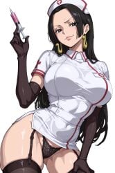 ai_generated bangs black_gloves black_hair black_legwear black_panties boa_hancock breasts earrings elbow_gloves female garter_belt gloves hat jewelry lace large_breasts long_hair looking_at_viewer mole mole_under_eye nurse nurse_cap one_piece panties short_sleeves smile solo syringe thighhighs transparent_background underwear