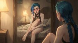 accurate_art_style ai_generated arcane blush jinx_(arcane) jinx_(league_of_legends) mirror reflection solo solo_female