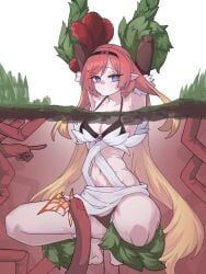 armpits arms_up belly belly_button bikini black_bikini blue_eyes bridal_gauntlets cleavage concerned headband medium_breasts plant_tentacle pointy_ears rafflesia red_hair squatting stuck tartarie tentacle tentacle_around_arm tentacle_around_leg tentacle_pit tentacle_restraint trap traptrix traptrix_rafflesia wet_pussy yu-gi-oh!