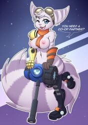 anthro biped blue_eyes boots breasts clothing cybernetic_arm cybernetic_limb digital_media_(artwork) ear_piercing eyewear eyewear_on_head female footwear gloves goggles goggles_on_head hammer handwear hi_res kerchief legwear lombax looking_at_viewer mammal neckerchief open_mouth piercing prosthetic prosthetic_arm prosthetic_limb ratchet_and_clank rivet_(ratchet_and_clank) scarf scramjet747 solo sony_corporation sony_interactive_entertainment stripes text thigh_highs tools