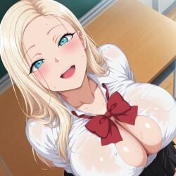1girls ai_generated arms_at_sides blonde_hair blue_eyes bowtie busty center_opening classroom cleavage_cutout cleavage_overflow clothing cutout dutch_angle ear_piercing female female_focus female_only from_above high_resolution high_school high_school_student indoors kurashiki_reina lipstick long_hair looking_at_viewer looking_up lukeza no_bra no_bra_under_clothes oppai platinum_blonde_hair presenting presenting_breasts revealing_clothes saimin_seishidou school_uniform schoolgirl shirt skimpy skimpy_clothes skirt sleeves_rolled_up solo student sweat sweatdrop sweating sweaty sweaty_body teen teenage teenage_girl unbuttoned unbuttoned_shirt upper_body very_long_hair viewed_from_above voluptuous voluptuous_female wet wet_clothes wet_skin