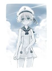 bare_shoulders beret blue_theme blush commentary_request cum cumdrip dress female fujii_jun hat kantai_collection looking_at_viewer monochrome photoshop_(medium) pussy_juice sailor_dress school_uniform serafuku short_hair solo white_hat z1_leberecht_maass_(kancolle)