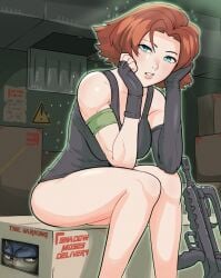 1boy 1girls armband biceps black_gloves blue_eyes breasts brown_hair cardboard_box facing_viewer famas fingerless_gloves gloves hiding leaning_forward medium_breasts meryl_silverburgh metal_gear_solid mismatched_gloves muscular muscular_female no_pants short_hair sitting solid_snake solo_focus tank_top the_varking thick_thighs thighs tomboy