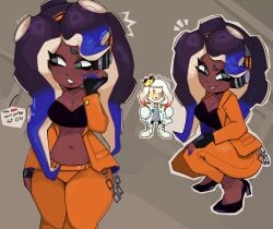 2girls alternate_costume ass belly big_breasts black_bra black_gloves black_hair blue_hair bra breasts cleavage dark_skin dark_skinned_female dynablade2 fingerless_gloves green_eyes headphones inkling inkling_girl jacket light-skinned_female light_skin long_hair marina_(side_order) marina_(splatoon) mole mole_under_mouth multicolored_hair multiple_views nintendo octoling octoling_girl official_alternate_costume orange_jacket pants pearl_(side_order) pearl_(splatoon) splatoon splatoon_(series) splatoon_3 splatoon_3:_side_order tagme tentacle_hair thick_thighs
