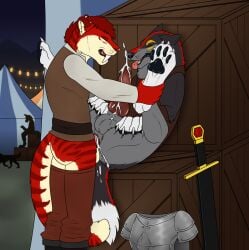 anal anal_orgasm anal_sex angel_(velvetvlade) animal_genitalia animal_penis anthro anthro_on_feral anthro_penetrating anthro_penetrating_feral armor balls big_fangs black_boots black_clothing black_footwear bodily_fluids boots bottomwear bottomwear_down brown_bottomwear brown_clothing brown_pants brown_topwear canid canine canine_genitalia canine_penis closed_eyes clothed clothed_feral clothing cum cum_in_ass cum_inside duo ejaculation fangs felid feral feral_penetrated footwear fur genital_fluids genitals grey_balls grey_body grey_fur hair hands-free hi_res kage_(faolanwolfsavor) killthe_demon male male/male male_penetrated male_penetrating male_penetrating_male mammal markings melee_weapon open_mouth orgasm pants pants_down partially_clothed penetration penile penile_penetration penis penis_in_ass pink_penis red_body red_fur red_hair red_penis red_tongue sex shoes standing standing_sex striped_markings striped_neck striped_tail stripes sword tail tail_markings teeth tongue tongue_out topwear weapon white_clothing white_topwear yellow_balls yellow_body yellow_fur zoophilia