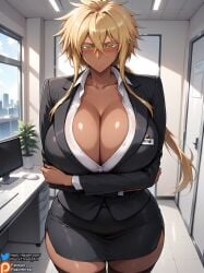 1girls absurdres ai_generated big_breasts black_skirt bleach blonde_hair breasts business_attire business_suit business_woman cleavage collarbone collared_shirt curvaceous curvaceous_female curvaceous_figure curvy curvy_female curvy_figure dark-skinned_female dark_skin dialogue female formal formal_wear green_eyes hi_res highres huge_breasts jacket large_breasts mature mature_female mature_woman milf office_lady razorthreat skirt stable_diffusion stockings text tia_harribel tier_harribel voluptuous voluptuous_female