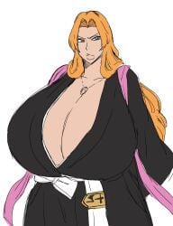 1girls 2d 2d_(artwork) alternate_body_type alternate_breast_size angry angry_expression angry_face black_robe bleach blue_eyes breasts breasts_bigger_than_head chain_necklace chains digital_drawing_(artwork) digital_media_(artwork) female female_focus female_only huge_breasts japanese japanese_clothing japanese_female kissable_lips large_breasts light-skinned_female light_skin lips long_hair matsumoto_rangiku momiji_(artist) necklace orange_hair pink_scarf robe scarf shihakusho shounen_jump solo white_background