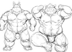 2015 barazoku boar bulge circumcised clothing collage duo flaccid fundoshi humanoid_penis japanese_clothing kemono kotobuki lagomorph male mammal monochrome muscular obese overweight penis porcine pose rabbit simple_background sketch standing tusks underwear white_background