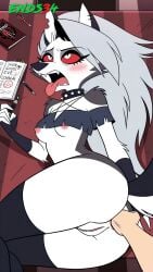1boy 1girls ai_generated anal_fingering anal_fisting ass ass_focus blush bottomless bottomless_female breasts collar crop_top demon_girl ear_piercing ears ends34 eyes_rolling_back female fingerless_gloves fit fit_female furry_female goth goth_girl grey_body grey_fur grey_hair hellhound helluva_boss human interspecies legs_apart long_hair looking_pleasured loona_(helluva_boss) lying lying_on_side lying_on_table male male/female medium_breasts no_bra no_panties no_underwear open_mouth pussy red_sclera rolling_eyes silver_hair stockings table tail thighhighs tongue tongue_out white_body white_eyes white_female white_fur wolf wolf_girl