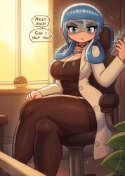 1girls ? black_pantyhose black_shirt blue_eyes blue_hair blue_nails blue_necktie blush breasts chair choker cleavage coat collarbone crossed_legs earrings female goggles hair_rings holding holding_tablet_pc jewelry lab_coat large_breasts long_hair long_sleeves looking_at_viewer mable_(pokemon) necktie nintendo open_clothes open_coat pantyhose pencil_skirt plant poke_ball poke_ball_(basic) pokemon pokemon_legends:_z-a shirt sitting skirt sky speech_bubble swivel_chair tablet_pc thick_thighs thighs tony_welt trash_can tree white_coat wide_hips window