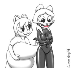 anthro ball_gag bodysuit bondage bound breasts clary_(creamgag) clothing creamgag feline female femdom femsub furry gag gagged grace_(creamgag) mammal multiple_girls rodent rubber squirrel straitjacket tight_clothing