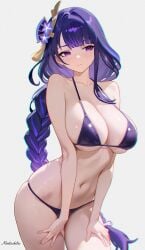 1girls 2d 2d_(artwork) 2d_artwork big_breasts bikini female female_focus female_only genshin_impact hair_ornament hi_res high_resolution highres light-skinned_female light_skin long_hair moetsukita pale-skinned_female pale_skin purple_bikini purple_eyes purple_hair raiden_shogun solo solo_female thighs white_skin