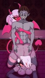 angel blush breasts brown_hair detailed_background doggy_style female female_penetrated gato_gratam grey_body hair hazbin_hotel helluva_boss horns male male/female male_penetrating male_penetrating_female muscular muscular_male nude open_mouth open_smile penetration pink_body pleasure_face sex smile straight succubus tail teeth thick_thighs threesome tongue tongue_out vaggie_(hazbin_hotel) verosika_mayday_(helluva_boss) white_hair wings