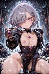 1girls ai_generated arbitrary areola_slip armored_female bandaid bandaids_on_nipples breasts cosplay female glowing_eyes gun hololive hololive_english hololive_english_-advent- kneeling koseki_bijou partially_visible_areolae partially_visible_vulva pelvic_curtain pussy short_hair sister_of_battle skull small_breasts solo thick_thighs vtuber warhammer_(franchise)