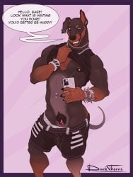 anthro areola bottomwear bottomwear_down canid canine canis cellphone clitoral_hood clitoris clitoris_piercing clothed clothing clothing_lift cuntboy darkthorns dialogue digital_media_(artwork) dobermann domestic_dog ear_piercing ear_ring electronics english_text fur genital_piercing genitals hairy_vulva hi_res holding_cellphone holding_object holding_phone holding_smartphone intersex mammal mirror mirror_selfie muscular muscular_anthro muscular_cuntboy muscular_intersex navel navel_piercing nipple_piercing nipples partially_clothed phone piercing pinscher pussy ring_piercing selfie shirt shirt_lift shorts shorts_down simple_background smartphone smile solo speech_bubble standing tail text topwear trans_(lore) trans_man_(lore) underwear underwear_down vulva vulva_piercing