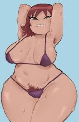 armpit_hair armpits arms_up bikini body_hair bush bushy_pubes freckles freckles_on_ass freckles_on_breasts freckles_on_chest freckles_on_face kim_pine looking_at_viewer pudgy_belly red_hair redhead_female scott_pilgrim scott_pilgrim_takes_off spinarooz sweat sweatdrop sweating sweaty thick thick_thighs