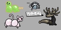 all_fours ambiguous_gender antlers ass big_butt big_penis brown_body clothing deer dialogue english_text fangs felid feline female genitals gesture ghost glistening glistening_body glistening_butt goo_creature green_body group hand_gesture horn huge_butt huge_cock limbless long_penis male mammal nxyitn penis pink_body robe simple_background specimen_1 specimen_8 spirit spooky's_jump_scare_mansion spooky_(sjm) tail teeth text the_cat_(shojs) thick_thighs thumbs_up