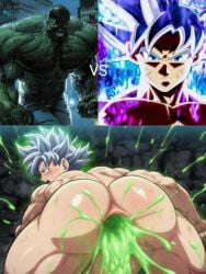 2boys ahe_gao ai_generated anus ass ass_focus bara couple couple_(romantic) couple_love couple_sex crossover cum dragon_ball dragon_ball_super dragon_ball_z fight gay goku hulk hulk_(series) love marvel marvel_comics powerscaling small_penis son_goku yaoi