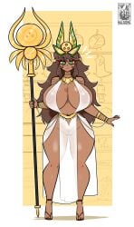 areolae areolae_visible_through_clothing birthmark birthmark_on_breasts bracelet bracelets brown_hair brown_hair camila_(investorinlewds) clothed dark-skinned_female dark_skin egyptian_clothes egyptian_headdress gold_jewelry green_eyes haloowl headdress headwear hourglass_figure huge_breasts nipples nipples_visible_through_clothing sandals see-through_clothing smile smiling_at_viewer staff thick_thighs thin_waist useless_clothing wide_hips