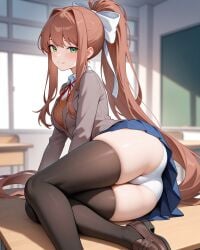 1girls absolute_territory ai_generated artist_name artist_request ass big_ass big_butt black_thigh_highs black_thighhighs blush brown_hair chalkboard classroom clothes clothing desk doki_doki_literature_club female green_eyes hair hair_ribbon hairbow hairbow long_hair looking_at_viewer monika_(doki_doki_literature_club) panties pixiv_link school_desk short_skirt showing_ass sitting skirt slight_blush solo solo_female tagme_(artist) thick_thighs thigh_highs thighhighs thighs upskirt white_panties