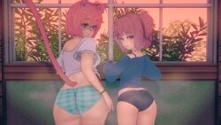 2girls 3d big_ass big_breasts black_panties blue_eyes blue_panties blush bra_strap bracelet cat_ears cat_tail coral_pink_hair doki_doki_literature_club freckles freckles_on_arms freckles_on_ass freckles_on_face glasses gloves hazel_eyes kemonomimi koikatsu large_ass large_breasts looking_back_at_viewer natsuki_(doki_doki_literature_club) off_shoulder panties pink_eyes pink_hair pink_lipstick redesign sayori_(doki_doki_literature_club) senpien’t size_difference small_ass small_breasts small_waist smirking_at_viewer steam sunset tied_shirt twintails warm_lighting window