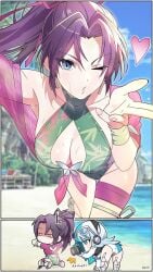 2girls artist_request asian asian_female ass backless_swimsuit beach blue_sky blush breasts butterfly_ornament camera cleavage curvy curvy_female curvy_figure female_pervert green_lips green_one-piece_swimsuit hair_ribbon izami_md japanese japanese_female korean korean_female large_breasts light-skinned_female light_skin long_hair looking_at_viewer luna_snow luna_snow_(cool_summer) luna_snow_(marvel_rivals) marvel marvel_rivals multiple_girls mutant_(marvel) official_alternate_costume one-piece_swimsuit pervert photo ponytail psylocke psylocke_(breezy_butterfly) psylocke_(marvel_rivals) purple_hair ribbon sai_(marvel) sand seol_hee sky swimsuit thighs two_tone_hair water x-men