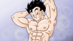 animated bara dragon_ball male male_only muscles son_gohan sweat yaoi
