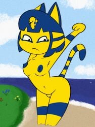 3:4 animal_crossing ankha_(animal_crossing) anthro areola ass blue_areola blue_hair breasts digital_media_(artwork) domestic_cat egyptian felid feline felis female fur genitals hair hi_res looking_at_viewer mammal markings nintendo nipples nude pussy solo stretching striped_markings striped_tail stripes susfortressa tail tail_markings vulva yellow_body