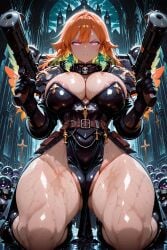 1girls ai_generated arbitrary areola_slip armored_female breasts cleavage cosplay female glowing_eyes gun hololive hololive_english hololive_myth kneeling large_breasts orange_hair partially_visible_areolae partially_visible_vulva pelvic_curtain pussy sister_of_battle skull solo takanashi_kiara thick_thighs vtuber warhammer_(franchise)