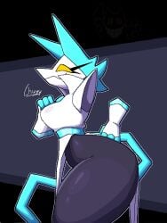back_view big_breasts biped blush breasts chuyy clothed clothing deltarune eyelashes female front_view holding_object holding_whip huge_breasts looking_at_viewer machine open_mouth robot smile solo tasque_manager_(deltarune) thick_thighs undertale_(series)