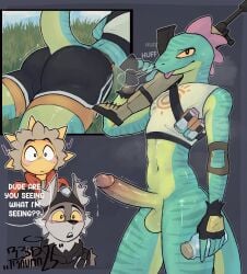 absurd_res anthro ass athletic balls being_watched blush bodily_fluids bottomless bottomwear breath canid canine canis clothed clothing dialogue elemental_creature elemental_humanoid epic_games fortnite genital_fluids genitals gloves grass gun handwear hi_res humanoid lizard lizzik_(fortnite) looking_at_another looking_at_viewer lying male mammal on_front panting penis plant precum presenting presenting_penis ranged_weapon rear_view redtrauma reptile scalie shirt shocked shorts solo solo_focus standing sunspot_(fortnite) sweat sweatdrop tail throbbing throbbing_penis tongue tongue_out topwear weapon wendell_(fortnite) wolf