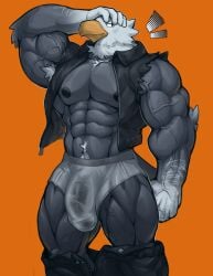 2025 abs absurd_res accipitrid accipitriform animal_crossing anthro apollo_(animal_crossing) areola armpit_hair avian bald_eagle barazoku beak biceps big_bulge big_muscles bird body_hair bottomwear bottomwear_down bulge chest_hair clothed clothing deltoids detailed_bulge eagle emanata erection erection_under_clothing feathers genital_outline hand_on_head happy_trail hi_res huge_bulge huge_muscles looking_at_viewer male manly mixterart muscular muscular_anthro muscular_male navel nintendo nipples non-mammal_nipples obliques open_clothing open_topwear open_vest orange_background pants pants_down partially_clothed pecs penis_outline pubes quads sea_eagle simple_background smile solo standing thick_arms thick_thighs topwear tuft underwear vein veiny_muscles vest