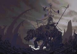 absurdres breasts completely_nude decapitation english_commentary fantasy female highres mask maypole monster nude original rope rope_around_mouth runielss scenery