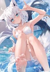 ahoge animal_ears aqua_eyes armpits bare_legs barefoot bikini blush braid breasts day earrings feet female fox_ears fox_shadow_puppet fox_tail hair_between_eyes jewelry long_hair looking_at_viewer medium_breasts pentagram shirakami_fubuki smile solo swimsuit tail toes virtual_youtuber water white_bikini