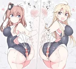 2boys 2girls ahoge armpits blonde_hair blue_eyes breasts brown_hair buttjob closed_mouth competition_swimsuit cum cum_on_ass cum_on_body cum_on_clothes ejaculation group_sex iowa_(kancolle) kantai_collection large_breasts long_hair looking_at_viewer multiple_boys multiple_girls off_shoulder one-piece_swimsuit open_mouth penis ponytail precum purple_eyes racerback saratoga_(kancolle) shigino_sohuzi side_ponytail sideboob smile star-shaped_pupils star_(symbol) swimsuit symbol-shaped_pupils two-tone_one-piece_swimsuit wide_hips