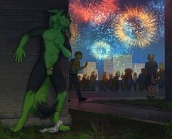 anthro areola balls bite biting_lip biting_own_lip bottomwear canid canine canis clothed clothing crowd digital_media_(artwork) erection exhibitionism feet fireworks fur genitals grass group hair humanoid_genitalia humanoid_penis male mammal micropenis night nude outdoor_nudity outside pants partially_clothed pecs penis plant public rozgi self_bite shirt shorts small_penis smile standing tail tattoo teeth toes topwear underwear underwear_down undressed wolf